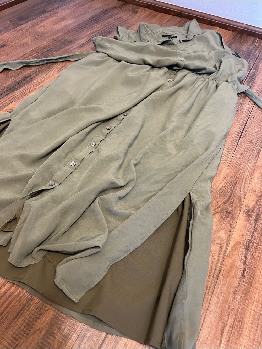 Sz L Banana Republic Sleeveless Olive Midi Shirt Dress button down w/ Waist Tie - Picture 6 of 7